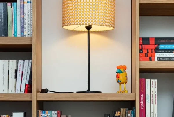 Bibliothèque blanche et bois clair