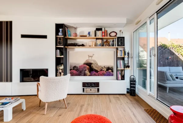 Bibliothèque salon avec cheminée intégrée à Lyon et dans le Beaujolais